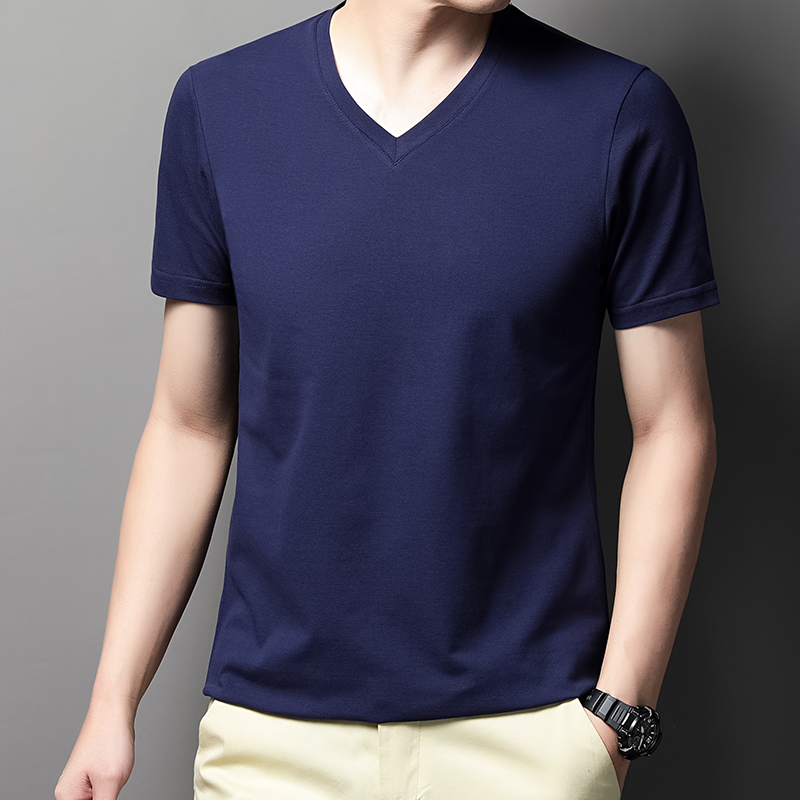 MOAIKA Classic Basic Solid Short Sleeve Men's Cotton Heart Collar Shirt      Navy blue63534459062657112