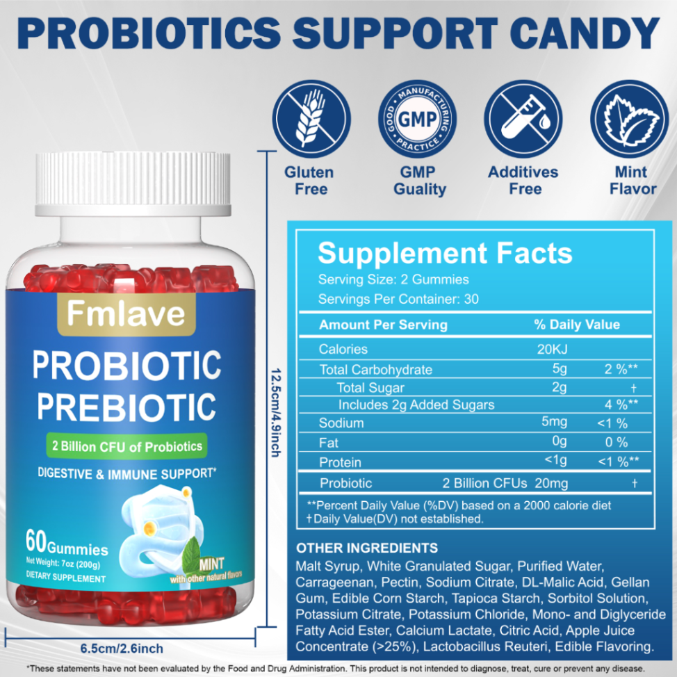 Fmlave Prebiotic+Probiotic Balance Gummies, Containing Lactobacillus Reuteri, Help Yeast And PH Balance, Multiple Strains Regulate Normal Life And Activity, Gentle Intestinal，1Bottle 60Gummies63084005995137113