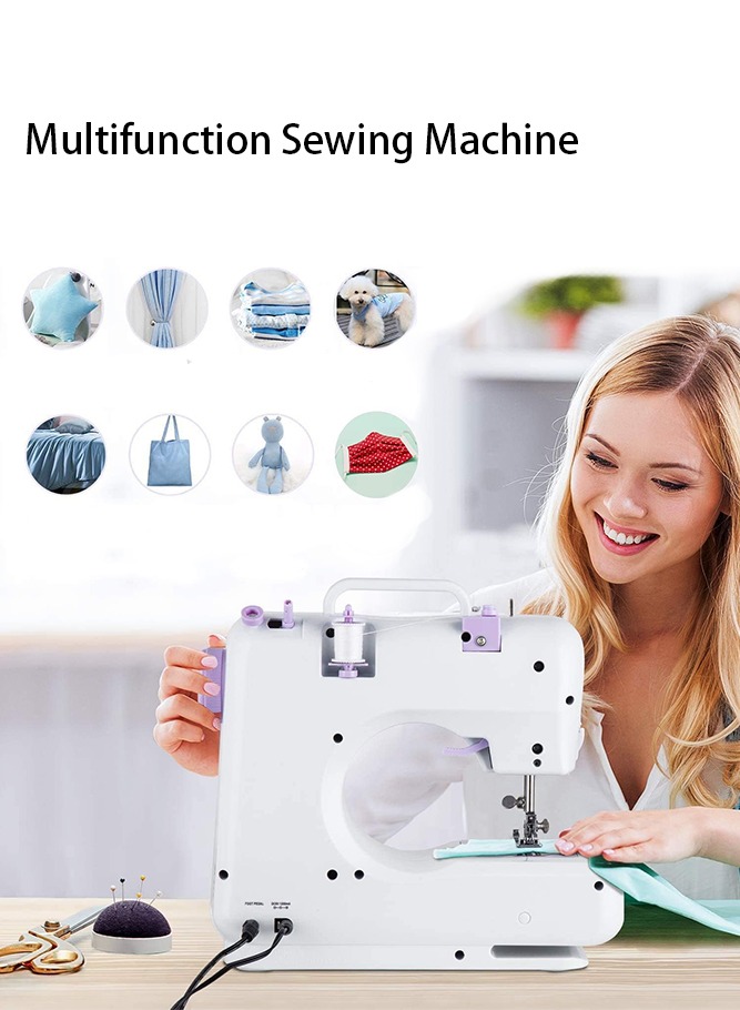 Sewing Machine for Beginners, Electric Mini Portable, 12 Built-in Stitches with Reverse Sewing, 2 Speeds Double Thread with Foot Pedal, Floral Cotton Fabric and Sewing Threads Set WCP011463681091735811111