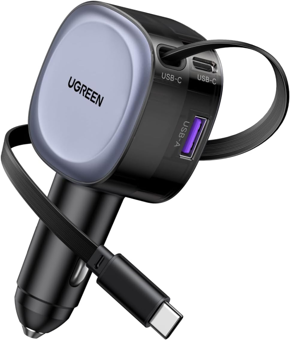 شاحن سيارة قابل للسحب بقوة 75 واط مع كابل USB C مدمج بقوة 60 واط وطول 75 سم، شاحن سيارة من نوع C سريع ثلاثي المنافذ، محول شحن للسيارة للهاتف المحمول، مناسب لسلسلة iPhone 16 وMacBook Pro/Air وSamsung S25 Ultra63557345575937118