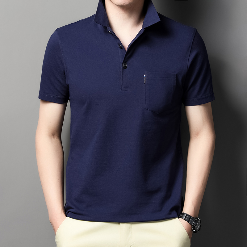 MOAIKA 100% Cotton Pocket Polo Shirt Solid Collar Short Sleeve       Navy blue63525145815683113