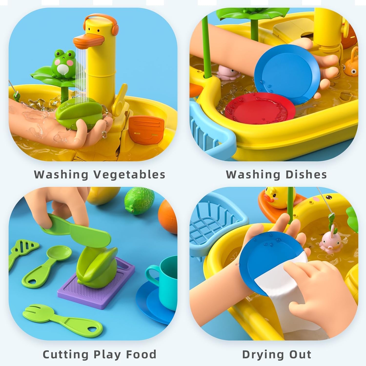 Kids Kitchen Sink Toys, 3 in 1 Toy Sink with Flowing Water, with Electric Duck Faucet, Water Slide, Pool Float Fishing Game Gift Toy for Boys Girls Z00263680560665603114