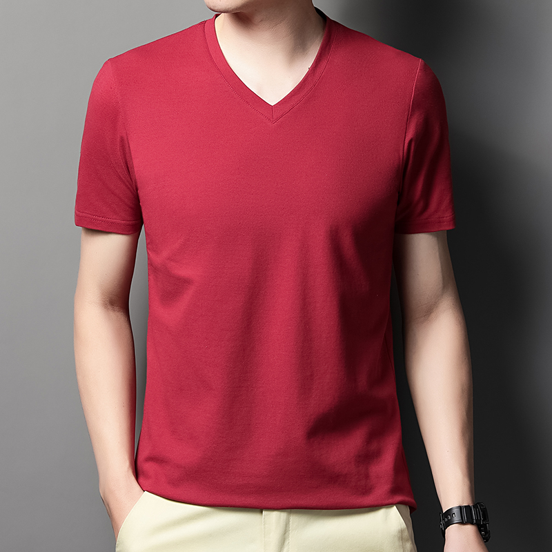 MOAIKA Classic Basic Solid Short Sleeve Men's Cotton Heart Collar Shirt     red63534447286657111