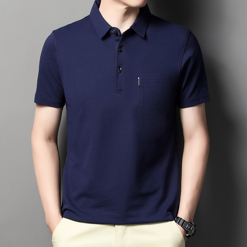 MOAIKA 100% Cotton Pocket Polo Shirt Solid Collar Short Sleeve       Navy blue63525145815683114