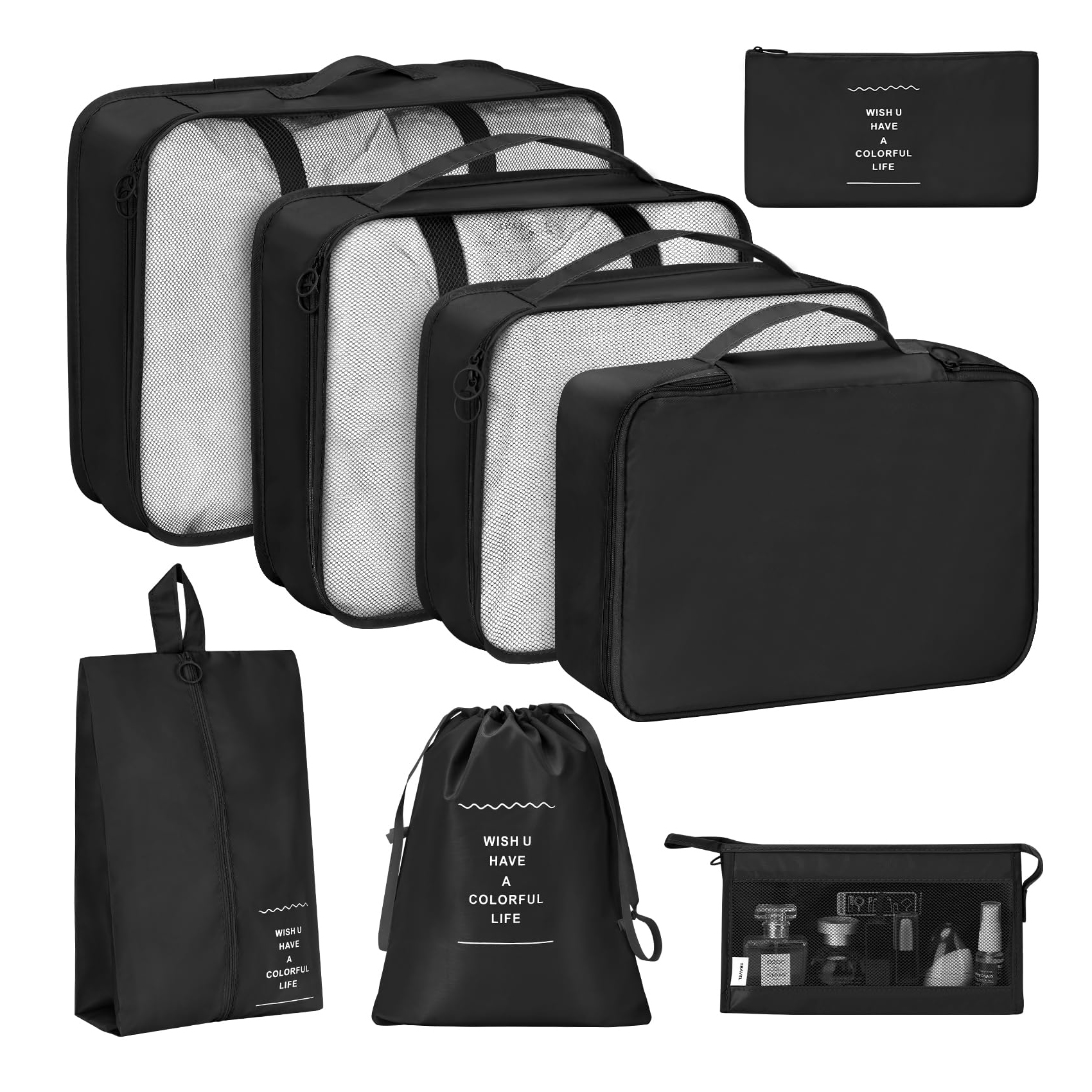 Blythornix Travel Packing Organizers Set 8 Pieces,Waterproof Travel Bags for Suitcase, Packing Cubes for Storage Luggage, Bra, Underwear and Shoes Pouches 8 Packs-Black