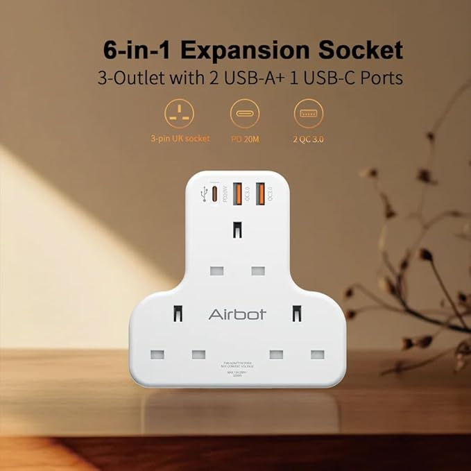 Airbot Air 3C-PD Multi Extension Socket 3250W 3 Way Socket Power Adaptor Multi Plug Extension ith USB + Type-C PD Extender Outlet Adaptor Plug Extension62885105504898111