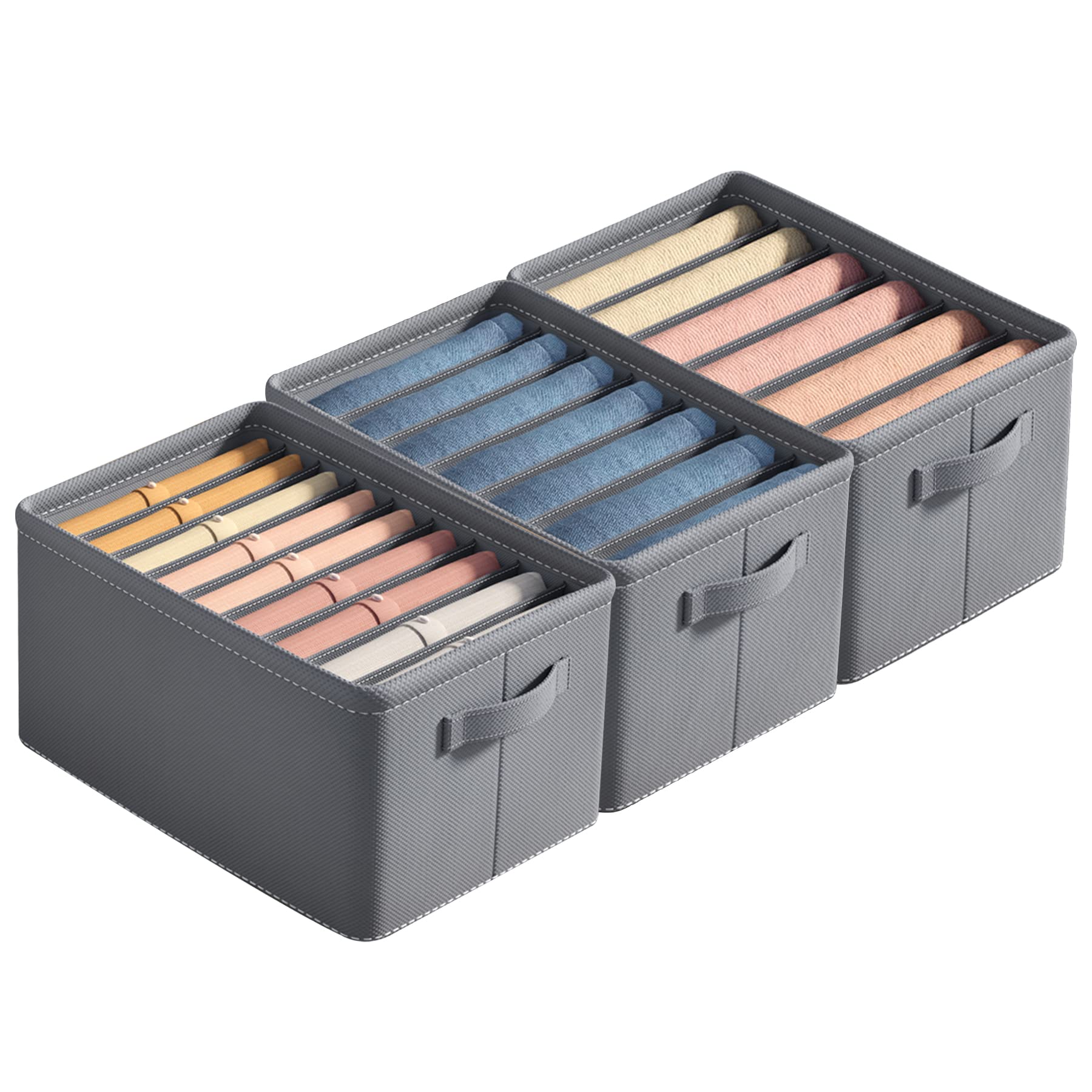 Blythornix Wardrobe Clothes Drawer Organizers with Handles, Stackable Storage Boxes Foldable Closet Organizer Dividers for Clothes, 22 Grids Large Capacity 3 Packs Grey