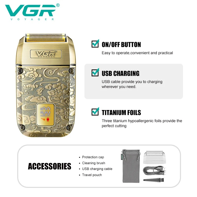 ماكينة حلاقة VGR V336 بروفيشينال، ماكينة حلاقة كهربائية قابلة لإعادة الشحن مع شاشة رقمية، ماكينة تشذيب للذقن بسرعة 8500 لفة في الدقيقة، تُستخدم للرجال، بها منفذ USB63214381403906114