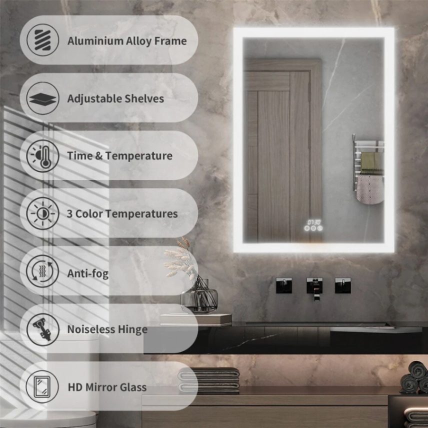 Lebella LED Medicine Cabinet Anti-fog Vanity Mirror Cabinet w/ Temperature Time Display63125454369025114