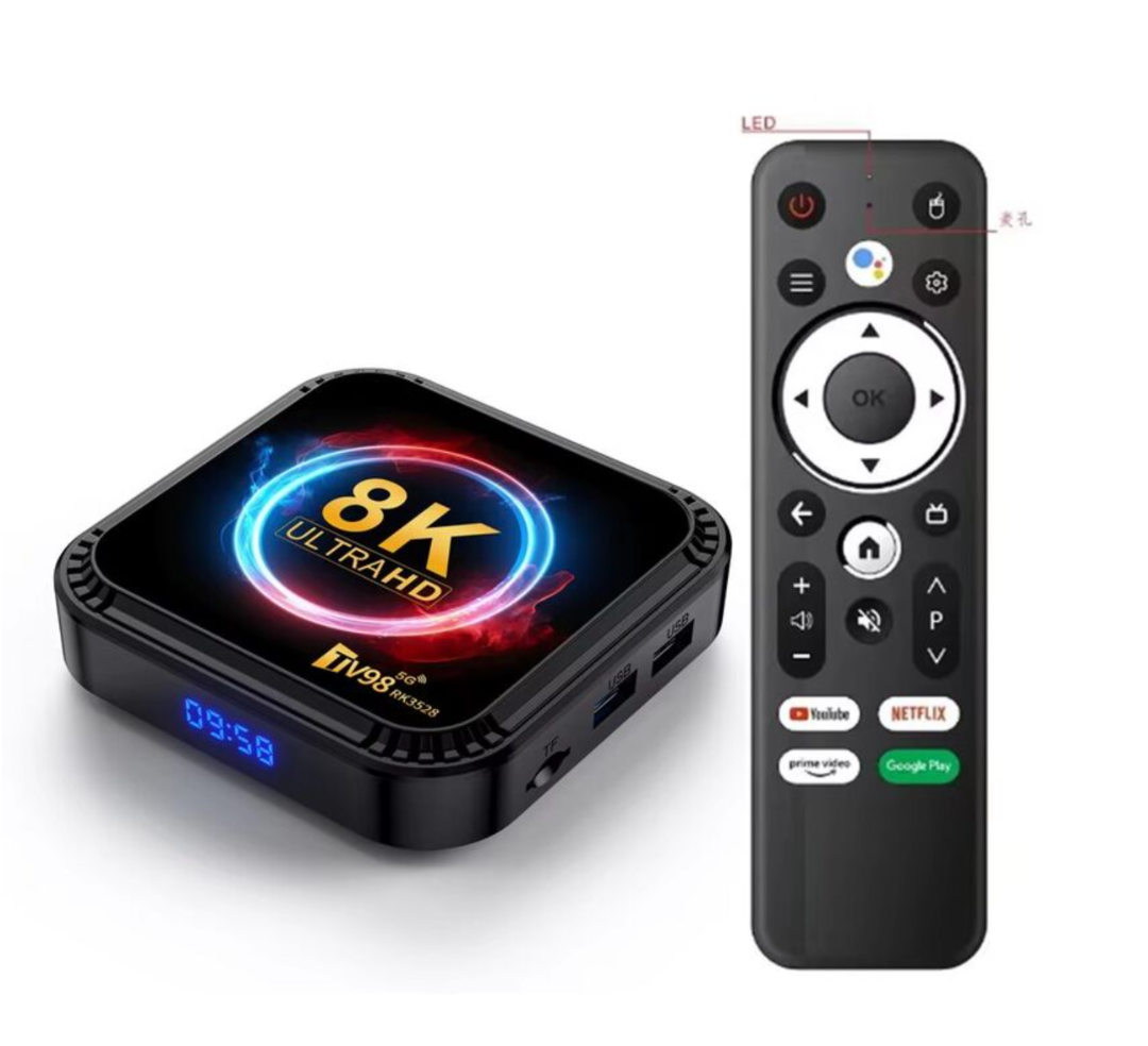 صندوق تلفاز ذكي TV98 RK3528، صندوق أندرويد 13 RK3528، رباعي النواة، واي فاي مزدوج 4G و5G، بلوتوث 5.0، 4 جيجابايت، 64 جيجابايت، جهاز تحكم عن بعد بصري، مشغل فيديو 8K HD، صندوق فك التشفير63228185334017111