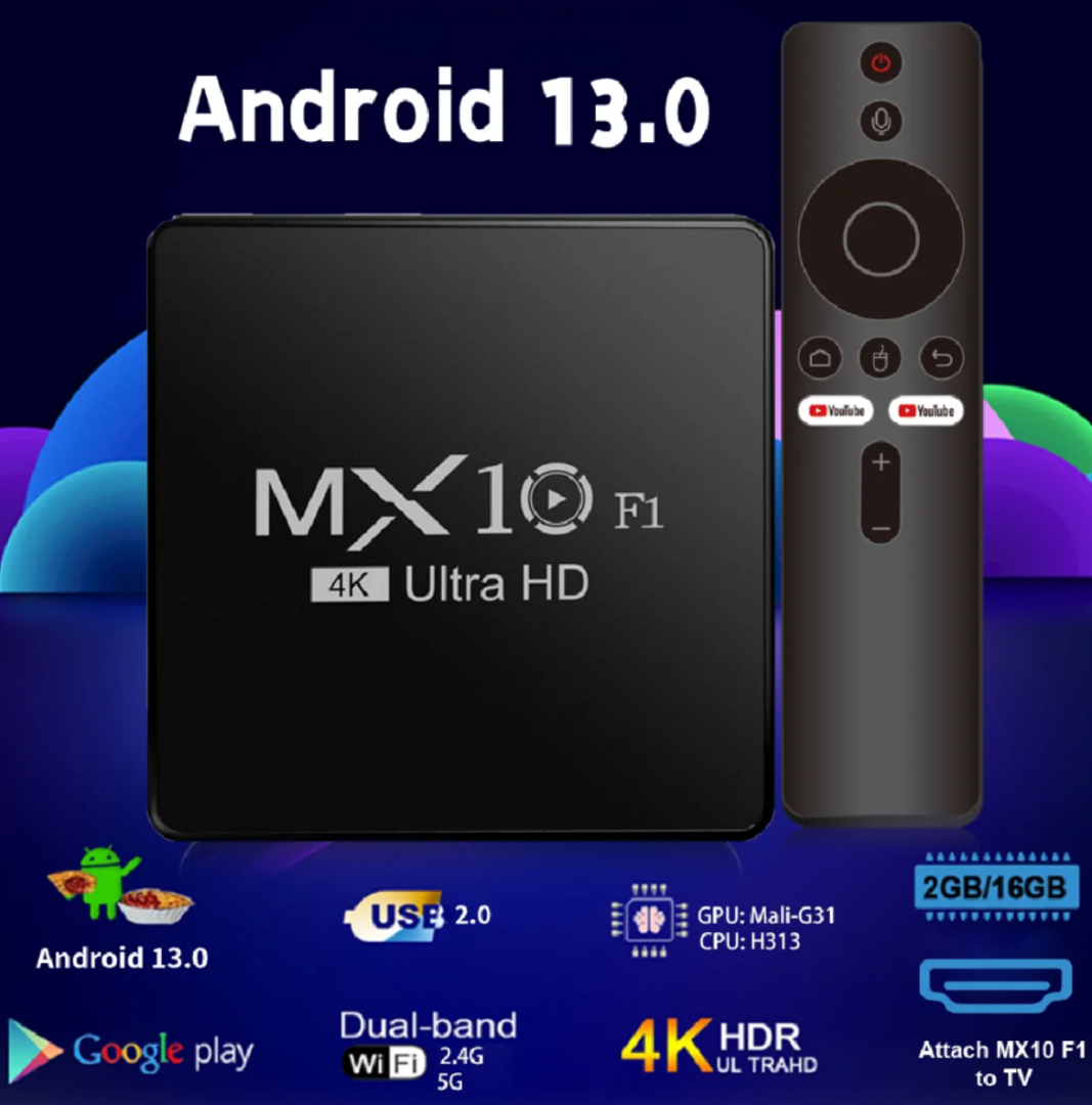صندوق تلفاز ذكي MX10 F1، معالج Allwinner H313، معالج رسوميات Mali-G31، واي فاي 2.4 جيجاهرتز + بلوتوث 5.0، صندوق تلفاز يعمل بنظام أندرويد مع ذاكرة وصول عشوائي 2 جيجابايت وذاكرة فلاش EMMC سعة 16 جيجابايت63238455196929111