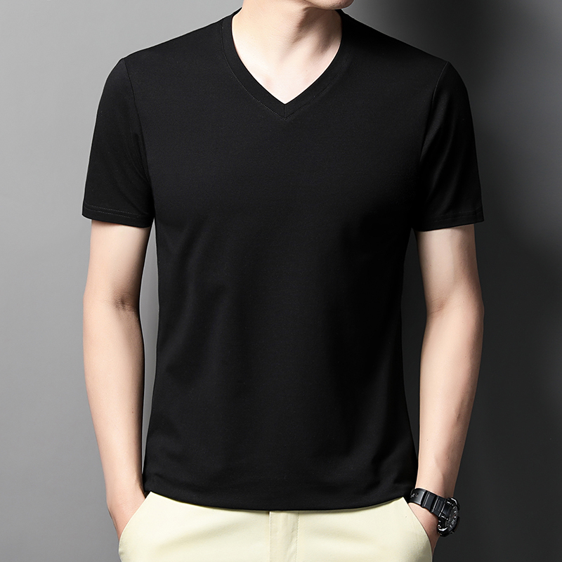 MOAIKA Classic Basic Solid Short Sleeve Men's Cotton Heart Collar Shirt      black635344350063371125