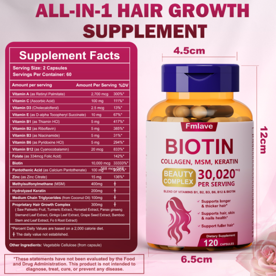120 Capsules, 30020mcg - 17-In-1 Hair Growth Biotin Supplement with Kertain, Multivitamin, MSM, Zinc, Natural Herbal Extracts, Hair Growth Capsules for Longer, Thicker & Healthier Hair,Gluten-Free 63084118205186112