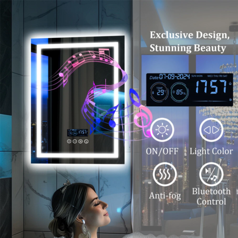 مرآة حمام مضادة للضباب مقاس 27.5 بوصة × 35.4 بوصة بإضاءة LED مع متكلم بلوتوث وإضاءة أمامية وخلفية63192190694274114