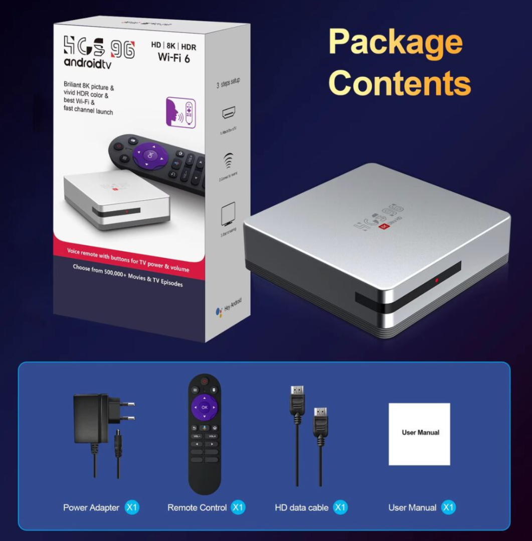 صندوق HCS96 أندرويد 16 لصندوق التلفاز مع واي فاي ثنائي النطاق وفك تشفير بدقة 8K63234573059329113