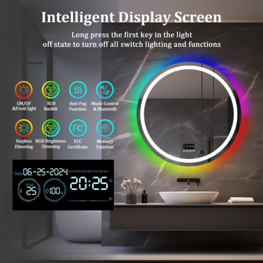 Bluetooth Led Bathroom Mirror w/ RGB Lights Date Time Temperature Makeup Mirror63192528042114113