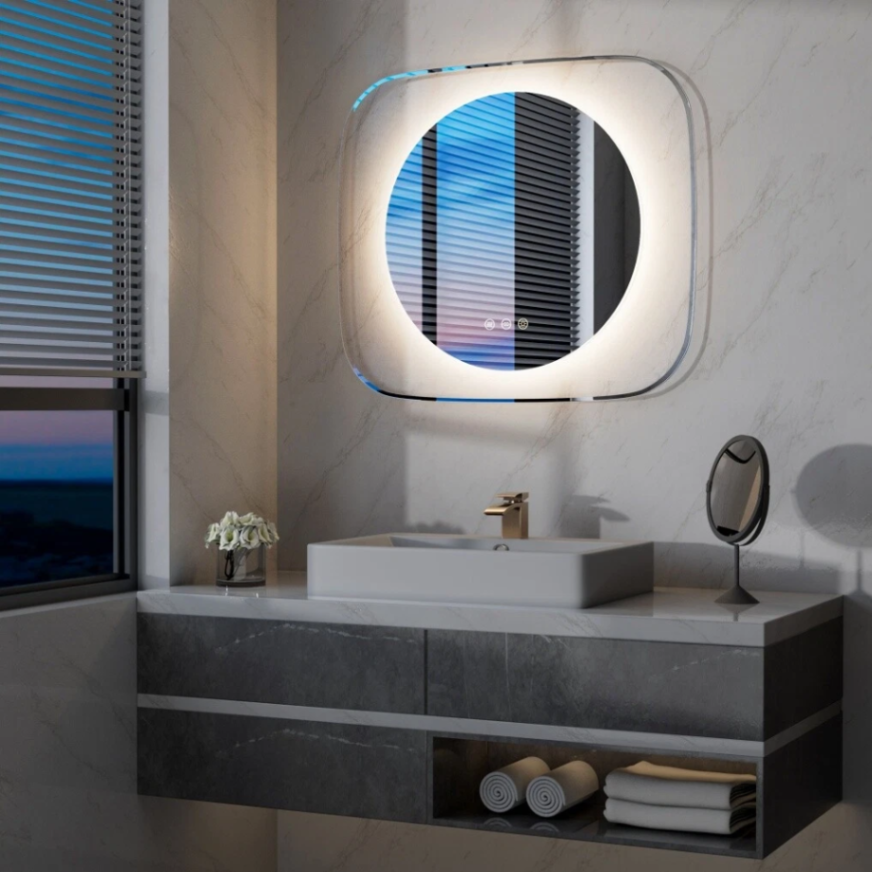 مرآة حمام LED بإطار زجاج شفاف مع إضاءة خلفية، مرايا تزيين معلقة63146025261441112