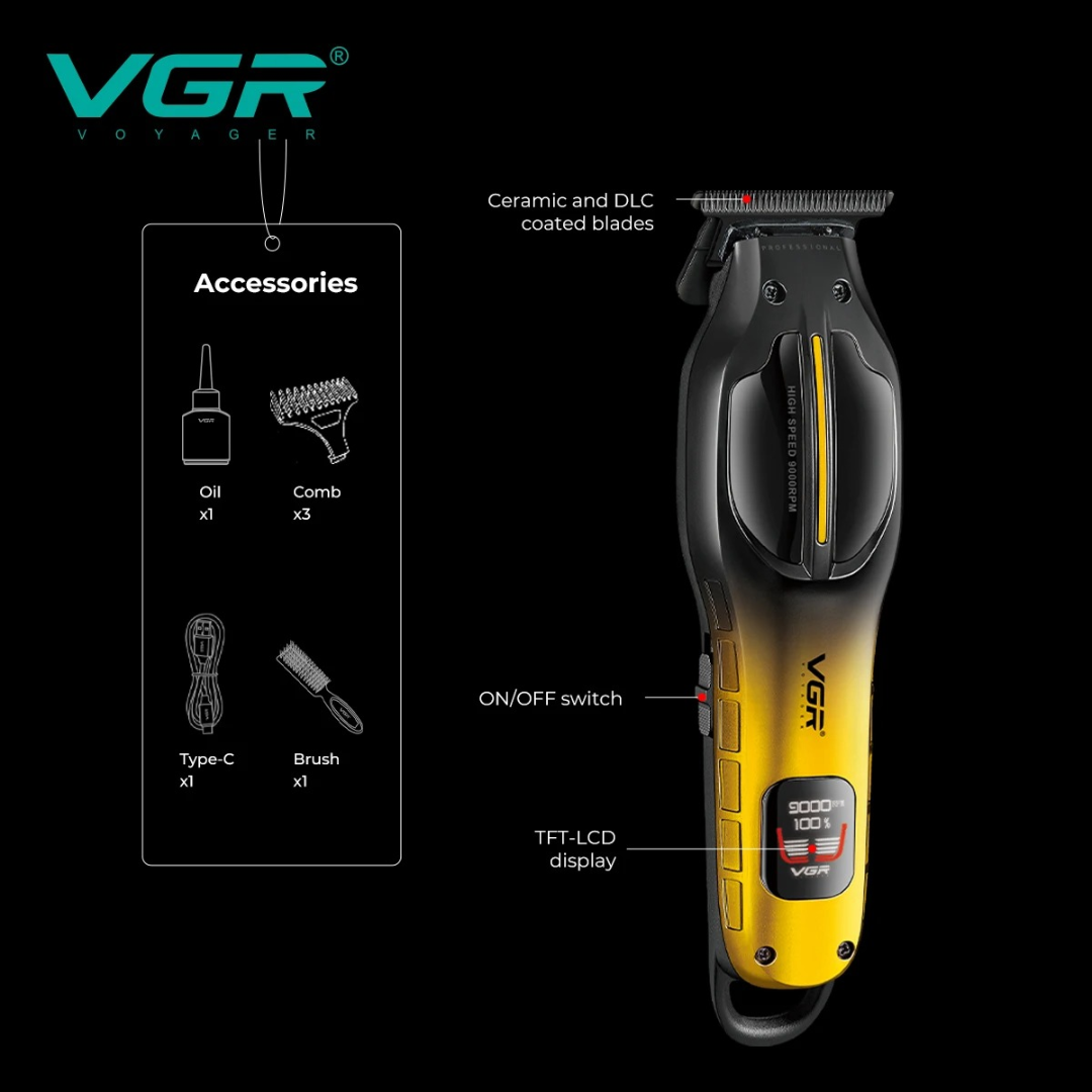 VGR V226 Hair Trimmer Professional Cordless Hair Cutting Machine 9000 RPM Barber Rechargeable Clipper DLC Blade Trimmer for Men 63214237421953111
