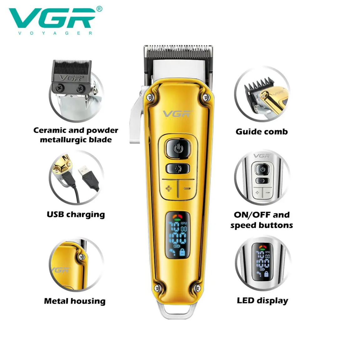 ماكينة حلاقة كهربائية VGR 006، ماكينة قص شعر معدنية كلاسيكية للرجال، مقص كهربائي يدوي، حفر رأس بالزيت، قص شعر ذكي رقمي بإضاءة LED63214136713089113