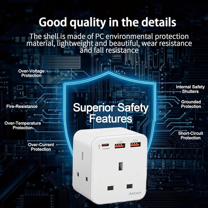 مقابس تمديد Airbot Air 3B-PD بقدرة 3250 واط، 3 منافذ مقابس، مقابس متعددة مع منفذ USB ومنفذ Type-C PD62885092999170113