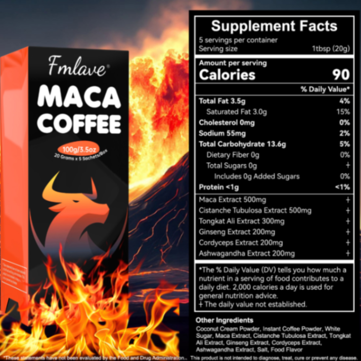 Fmlave Maca Coffee for Men, Cold Brew Arabica Coffee Bean Powder With Maca Root, Cistanche Tubulosa, Tongkat Ali, Ginseng, Cordyceps, for Stamina Energy Vitality Focus, 3.5oz, 5 Packets63084512699267114