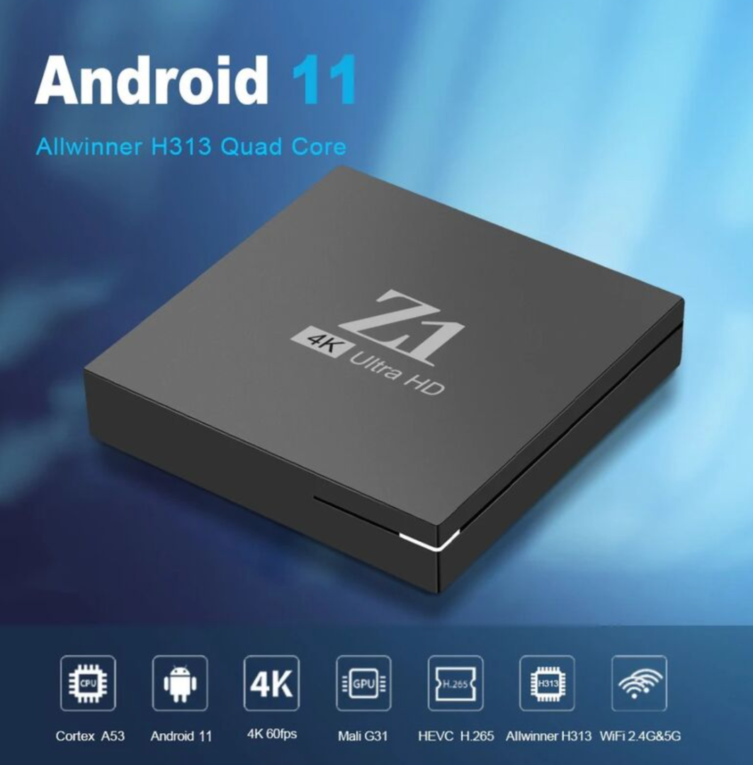 صندوق تلفاز ذكي Z1، معالج Allwinner H313، نظام أندرويد 10، صندوق تلفاز مزود بتطبيقات تلفازية، بلوتوث 5.0، واي فاي مزدوج، شبكة لان 100، دعم فيديو 8K و4K، تحكم ثلاثي الأبعاد، مجموعة تلفاز63269514134659113
