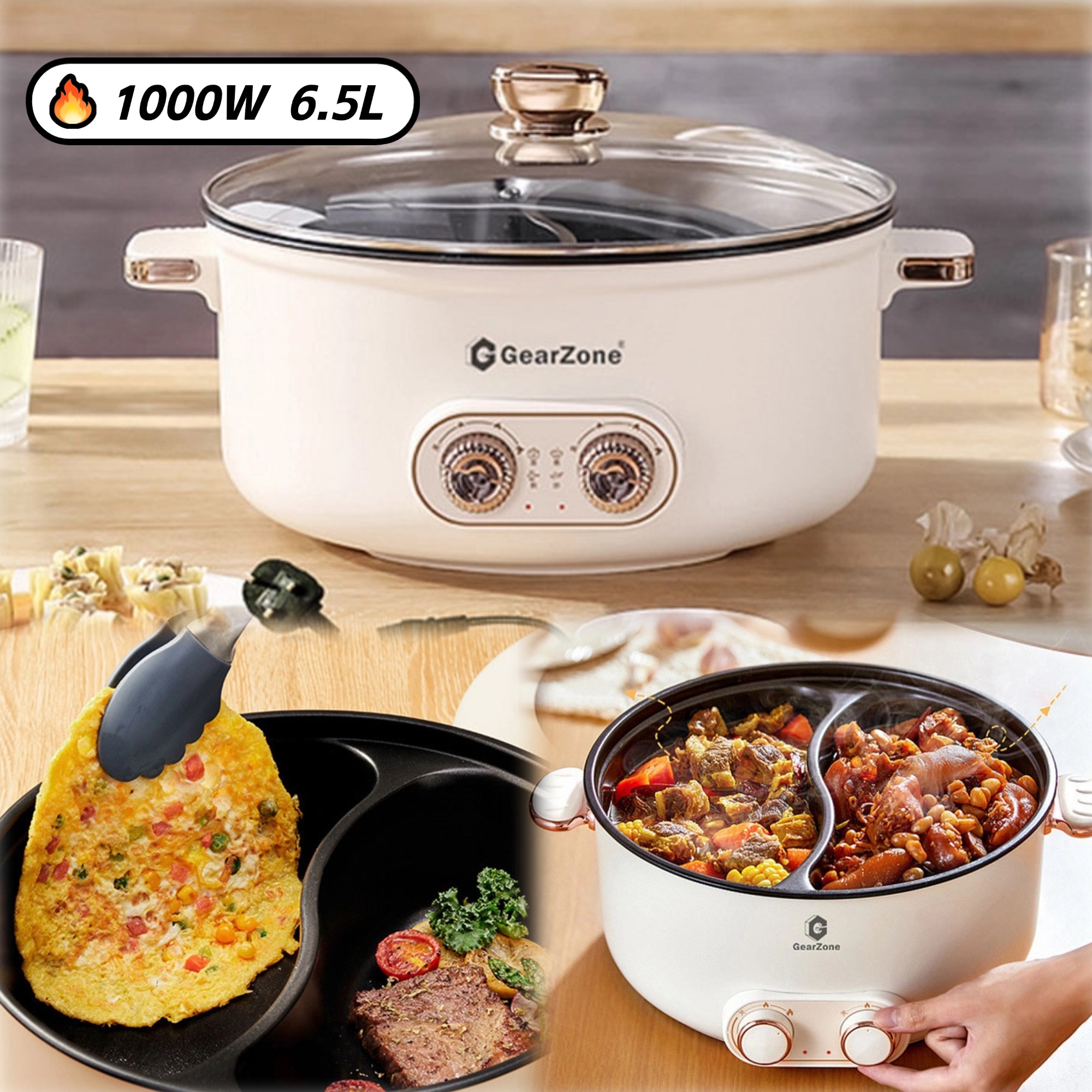 GearZone® 6.5L multi-function electric skillet, large capacity 6.5L dual-flavor skillet with a divider for multiple uses.63601866165378113
