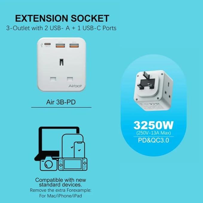 Airbot Air 3B-PD Extension Socket 3250W 3 Outlets Socket Multi Plug Extension Multi Power Adaptor with USB + Type-C PD62885092999170115