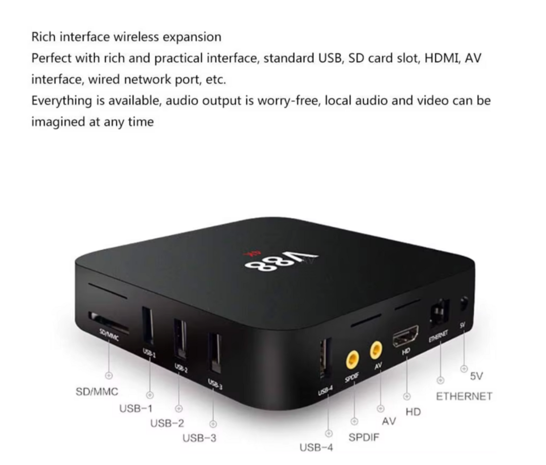 صندوق تلفاز أندرويد V88، نظام تشغيل 7.1، ذاكرة عشوائية 1 جيجابايت + ذاكرة داخلية 8 جيجابايت، معالج رباعي النواة Amlogic S905L، يدعم دقة 4K، صندوق وسائط ذكي متعدد المهام63269264434049112